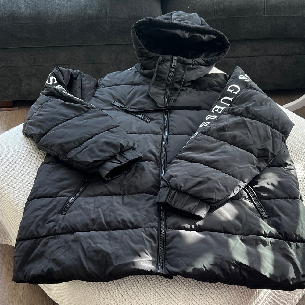 Guess Black Quilted Jacket with Logo Sleeves